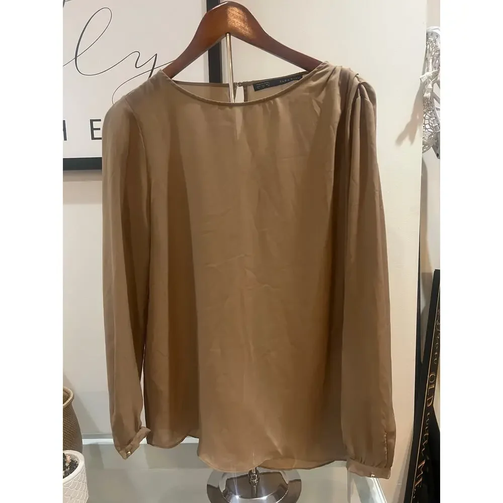 Sheer tan blouse with gold buttons and shoulder detail - Picture 1 of 9